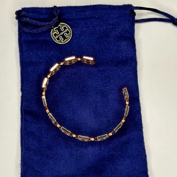 Tory Burch Hexagon Frozen Logo Cuff Bracelet Rose Gold Plated Bangle Jewelry - Picture 5 of 7